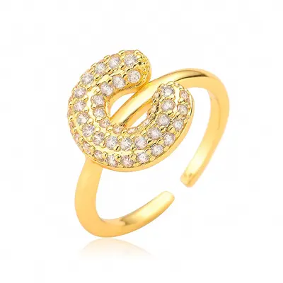 Copper-Plated 18K Gold Zircon Letter Ring for Women - 8