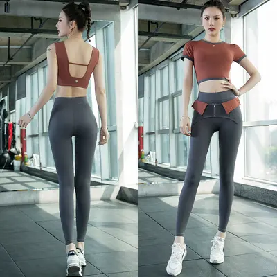 Women's Yoga Set Short Sleeve Detachable Belt Quick-Dry Pilates Wear - 3