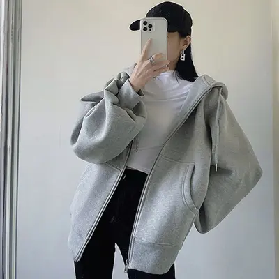Damen-Kapuzenjacke mit Fleecefutter und Reißverschluss, lockere Passform