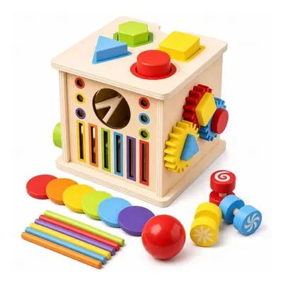 Çapraz Sınır Ahşap 8 in 1 Montessori Erken Eğitim Kutu Şekil Renk Eşleştirme Madeni Para Atma Top Atma Eğitici Oyuncak Toptan