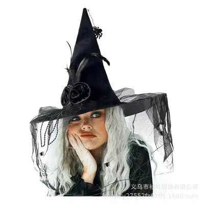 Halloween Hexenhut Schwarz mit lila Federn