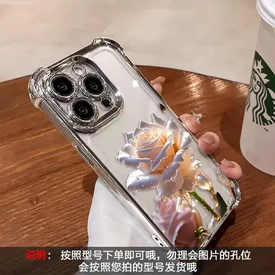 iPhone 16, 15 Pro, 13, 12, X compatible crystal rose pattern airbag transparent electropla