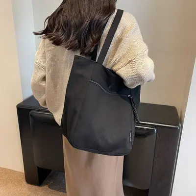 Solid Color Retro Large-Capacity Tote Bag, Women's Shoulder Bag - 8