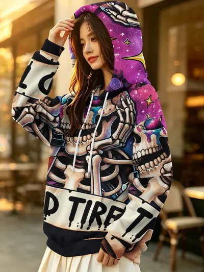 Women's Hooded Sweatshirt, Zebra Print, Heart Pattern, Velvet Fabric - 6