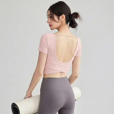 Damen Yoga-Oberteil mit U-Rücken, Kurzarm, für Pilates und Fitness