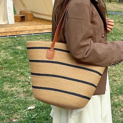 Kadın Hasır Plaj Tote Çanta, Yaz Modeli, Büyük Hacim, Kova Çanta Görünümü - 3