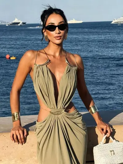Metal Halter Neck Deep V Beach Dress with Side Cut-Outs and Pleats, Long - 7