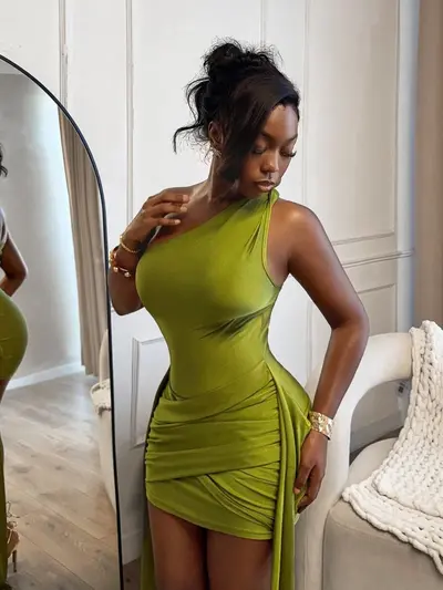 Sleeveless Tube Top One-Shoulder Mini Dress with Long Ribbon Ties