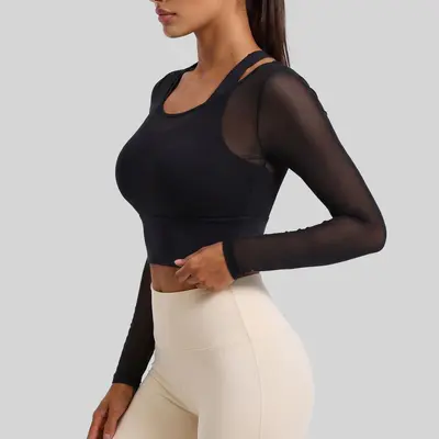 Long Sleeve Fake Two-Piece Knitted Yoga Top Without Bra - 8