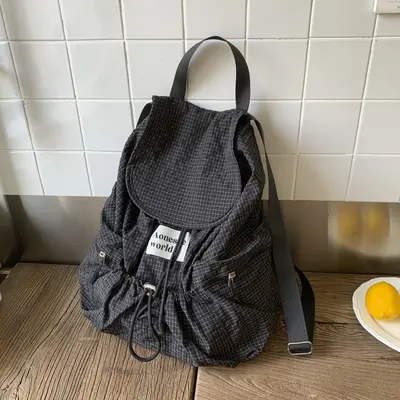 Korean-Style Lightweight Nylon Plaid Backpack, Large Capacity, Drawstring Tote - 7