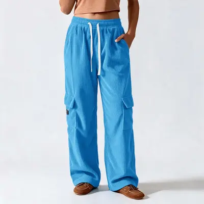 Kadın retro dikey çizgili kadife bol paça pantolon, günlük iş pantolonu - 7