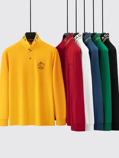 Men's 100% Mercerized Cotton Polo Shirt, Embroidered Small Horse Logo, Long-Sleeve - 6