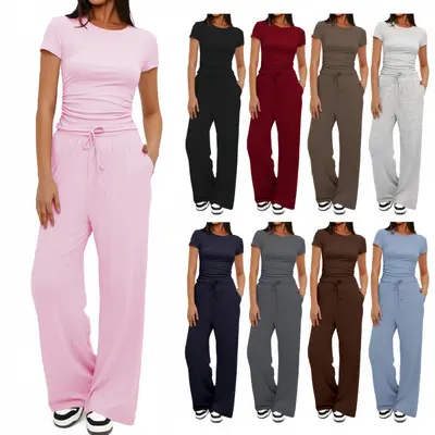 Women's Long Sleeve Set with High-Waist Wide-Leg Pants