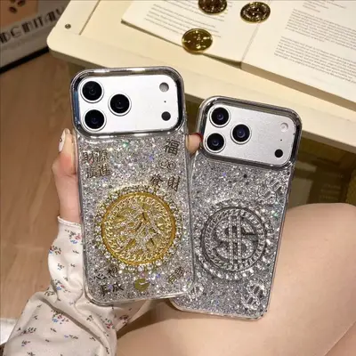 适用苹果18promax手机壳iphone17滴胶闪粉转盘美元发财16pro新款X - 2