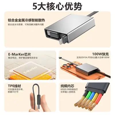 弯头单向拉6a快充电线PD桌面平板伸缩数据线车载USB苹果华为小米 - 4