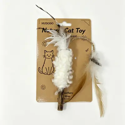 Natural Wool Cat Teaser Wand with Feathers, Teeth Cleaning Toy - 8