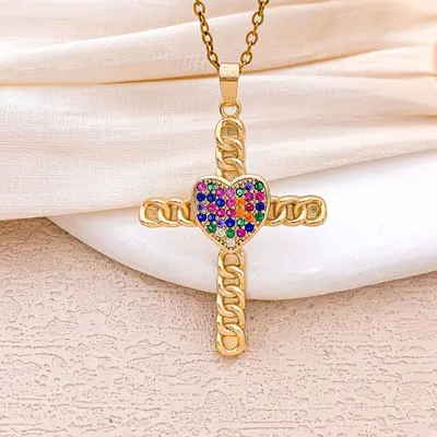 Kreuz-Halskette mit farbigen Zirkonia, Damen-Modeschmuck - 7