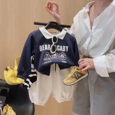 Jungen Collegestil Sweatshirt, Herbst Frühling Kinderoberteil, Umlegekragen