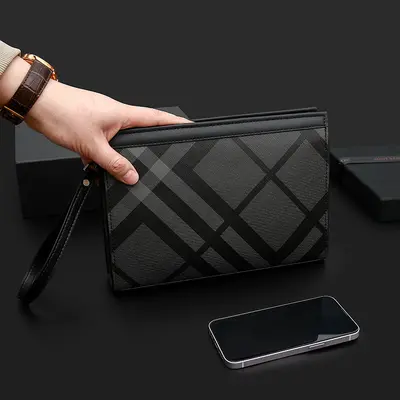 Men's Handbag, Large Capacity Everyday Business Bag with Plaid Pattern - 9