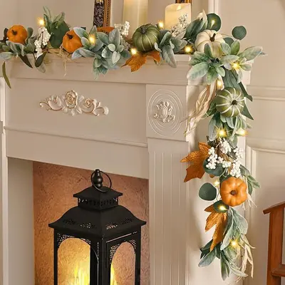 Autumn Thanksgiving Wreath with Pumpkin, Eucalyptus and Acorn Leaves, Rattan Decoration - 7