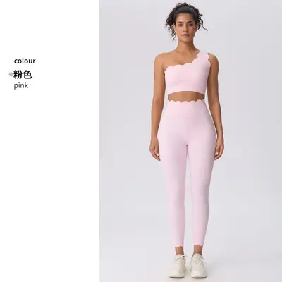 Women's Two-Piece Yoga Set with Wave Ruffle One-Shoulder Bra and Cropped Pants - 8
