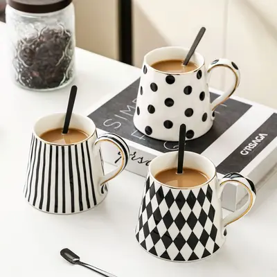 Ceramic Mug Black and White with Gold Rim Checkered Stripes Polka Dots