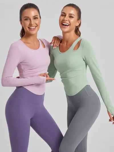 Damen-Yogatop mit schrägen Schultern, Ausschnitten und Raffung für Pilates - 5