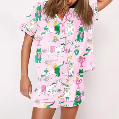 Damen-Kurzarm-Shorts-Hausanzug-Set mit digitalem Druck