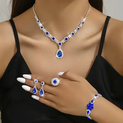 Moda Avrupa Amerika Yeni Koleksiyon Lüks Kristal Mücevher Kadın Su Damlası Kolye Küpe Bileklik Yüzük Seti - 3