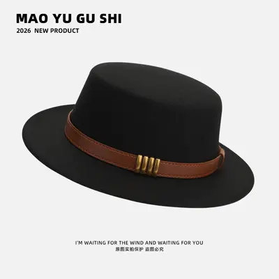 Hepburn-Style French Belt-Decorated Wool Flat-Top Fedora Hat for Women, Autumn/Winter, British Socialite Vintage Versatile Jazz Hat