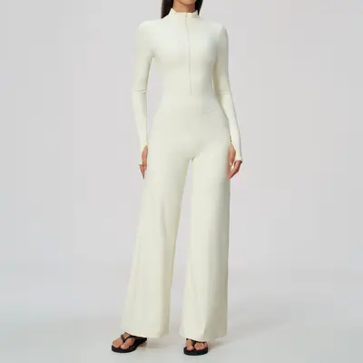 Damen Reißverschluss-Yoga-Overall, langarm, mit weitem Bein - 8
