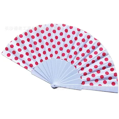 Single-Sided Fabric Polka Dot Folding Dance Fan with Plastic Ribs, White - 2