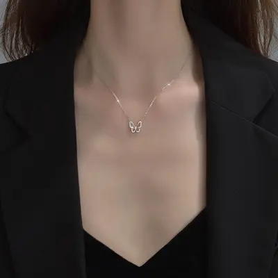Kadınlar için içi boş kelebek elmas kolye, trend, popüler, zarif köprücük kemiği zinciri, niş tasarım, sade orman stili kolye
