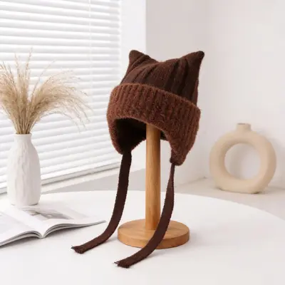 Korean-Style 3D Cat Ear Knit Hat for Women, Soft and Warm - 8