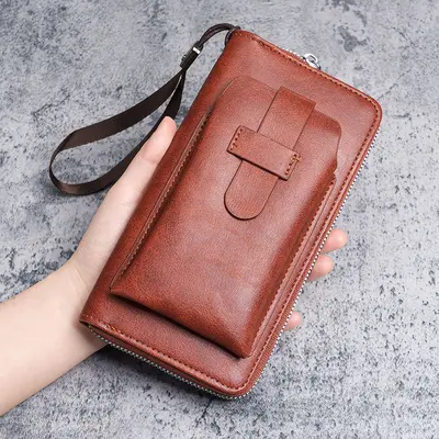 Men's Long Leather Wallet, Multi-Card Slots, 2-in-1 with Zip and Phone Pocket - 7