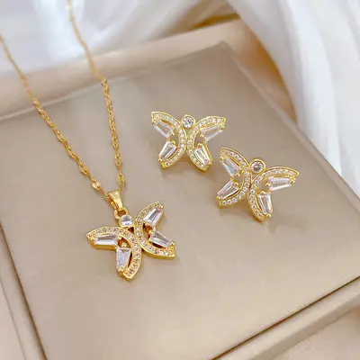 Full Zirconia Copper Earring and Necklace Set - 9