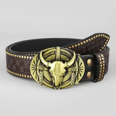 Western cowboy belt, youth punk style embossed men's studded leather belt, wholesale ethnic style belt in stock. - 11