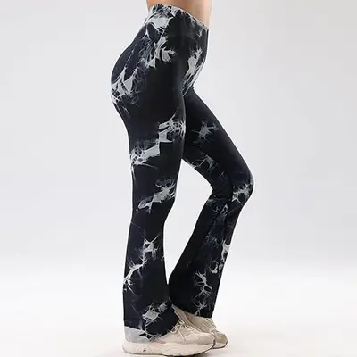 Hochbund-Yoga-Hose mit breitem Bein, elastisch, Batik-Design - 8