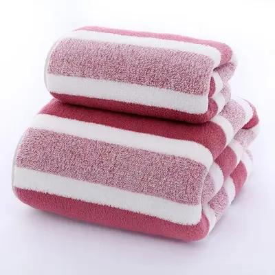 Grenzüberschreitendes Handtuch- und Badetuch-Set, verdickte Korallenfleecequalität, schlichtes dreistreifiges Design, weich, saugfähig, schnelltrocknend, fusselarm - 8