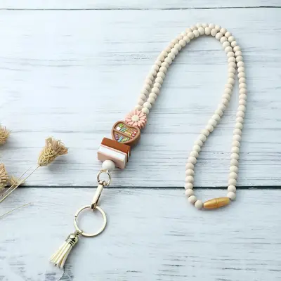 Wooden Bead Tassel Keychain and ID Badge Neck Lanyard