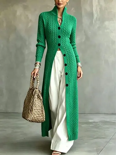 Damen-Strickjacke mit Knöpfen, lang, lässiger langer Mantel - 9