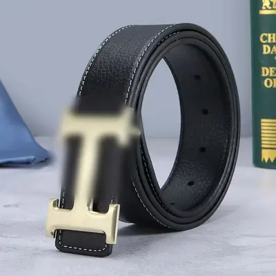 Premium Litchi Grain Men's Leather Belt Fashion Letter H Smooth Buckle Youth Trendy Waistband Factory Stock Direct - 7