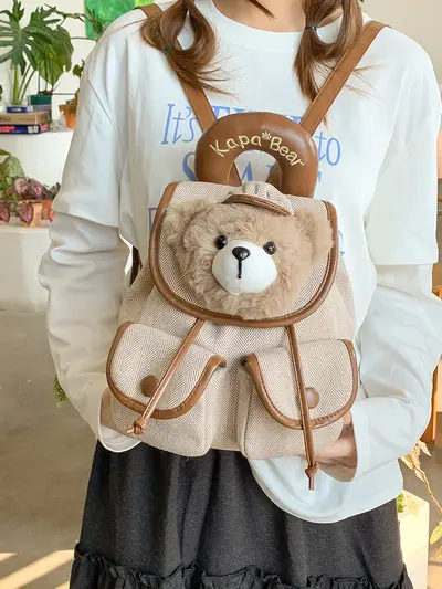 Plush Bear Flap Backpack for Girls, Plaid Pattern - 6