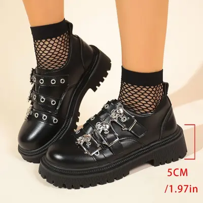 Thick-Sole Punk Style Metal Buckle Loafers, Plus Size, Spring 2026