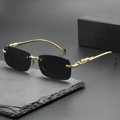 Frameless Cut-Edge Men's Sunglasses with Small Leopard Temple Design - 7