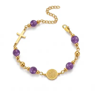 Stainless Steel Round Pendant Cross Tiger's Eye Bracelet for Women