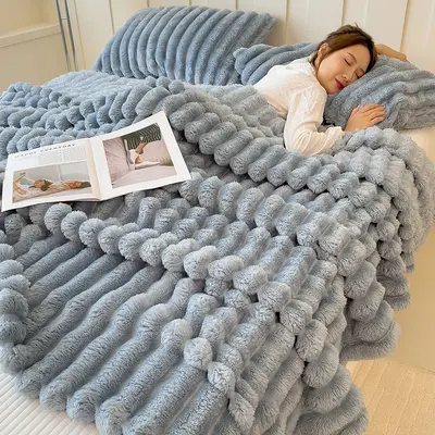 Rabbit Fur Plush Blanket, Thick Coral Fleece Winter Throw - 12
