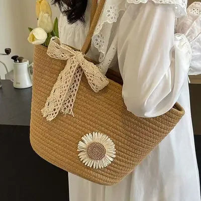 Women's Large Capacity Woven Straw Beach Shoulder Bag - 8