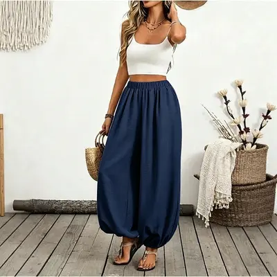 Beach Style High-Waist Pocket Comfortable Lantern Women's Long Pants - 9