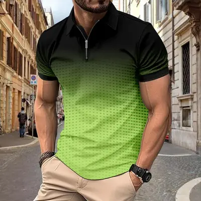 Men's 3D Gradient Print Zip Polo Shirt, Short Sleeve, Plus Size - 3